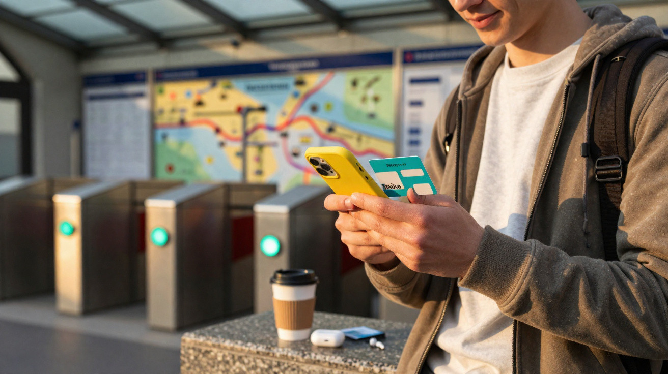Homem jovem consulta cartão e telemóvel numa estação com torniquetes ao fundo.