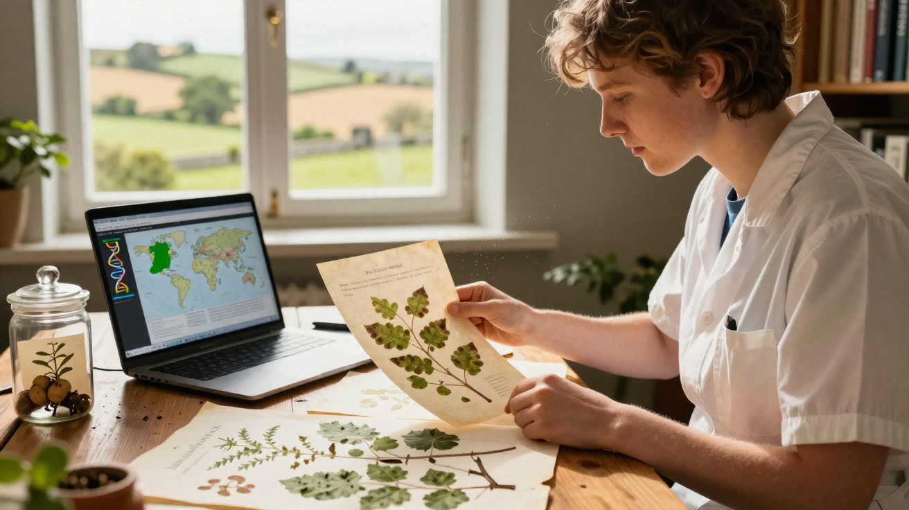 Jovem cientista analisa plantas secas em folhas enquanto estuda genética vegetal em computador.