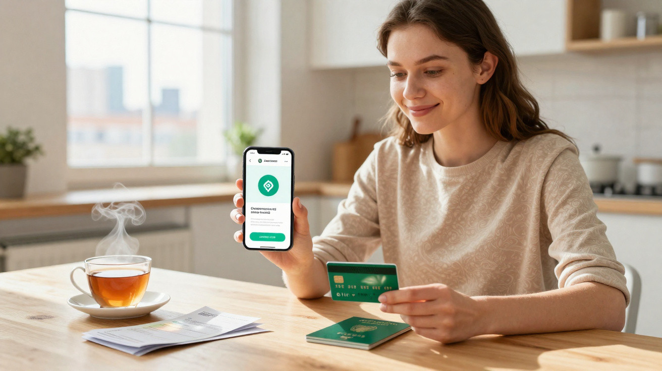 Mulher mostra aplicação de banco no telemóvel e segura cartão de pagamento verde na cozinha.