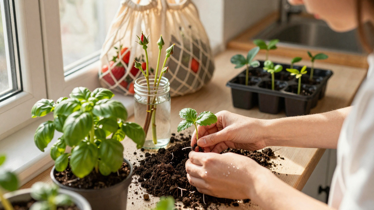 Pessoa a cuidar de plantações em vaso junto a janela, com várias plantas e morango na mão.
