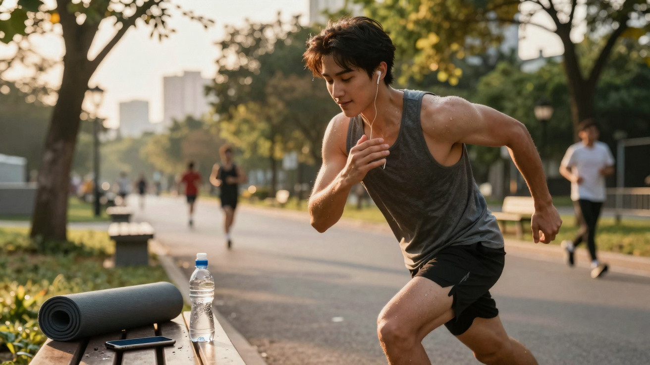 Jovem a correr num parque, com tapete de yoga, garrafa de água e telemóvel numa bancada.