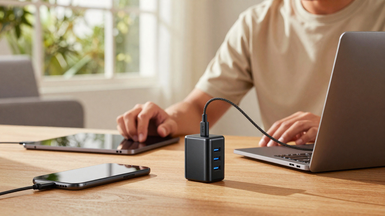 Pessoa a trabalhar num portátil com um carregador USB multiportas e smartphone numa mesa de madeira.