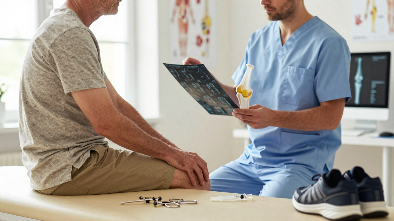 Médico em consultório a explicar resultado de exame a paciente sentado numa maca, com sapatos e instrumentos médicos à vista.