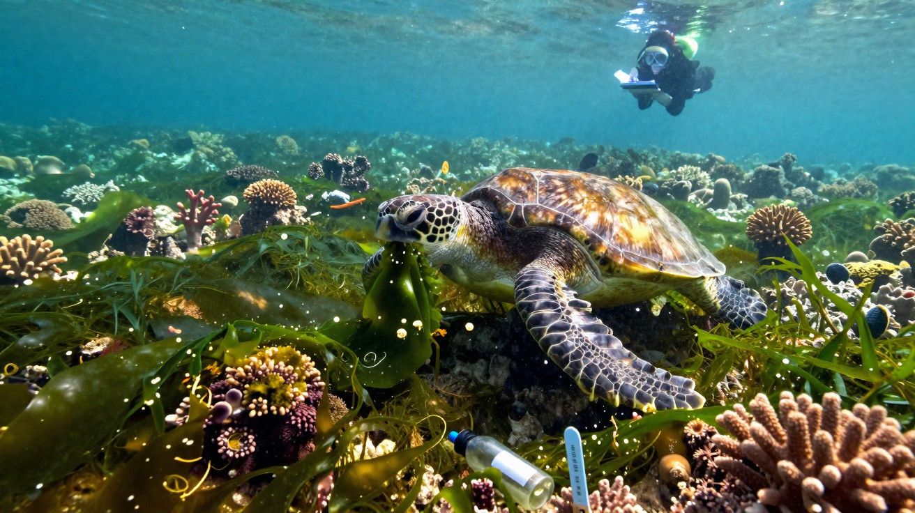 Tartaruga marinha sobre recife de coral com mergulhador a fazer registos ao fundo.
