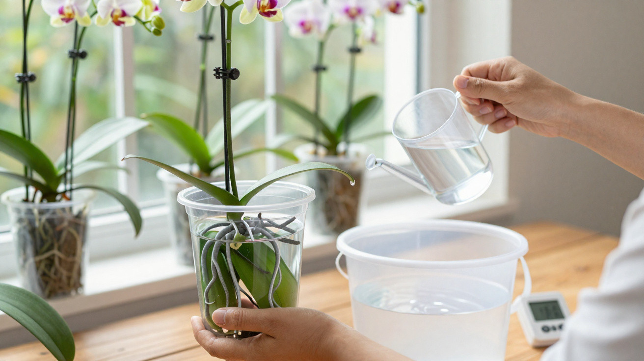Pessoa a regar orquídea em vaso transparente numa janela com outras orquídeas e um higrómetro.