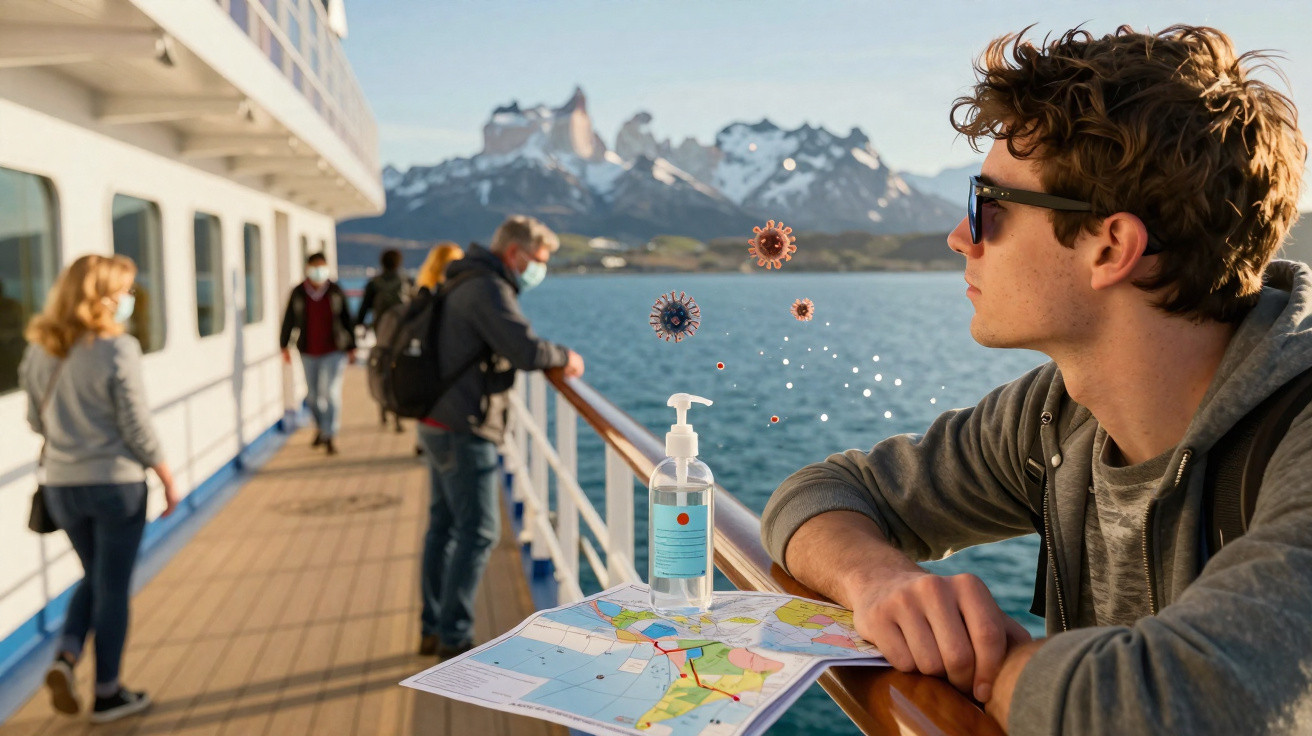 Jovem com óculos escuros e máscara segura gel desinfetante e mapa num barco com montanhas ao fundo.