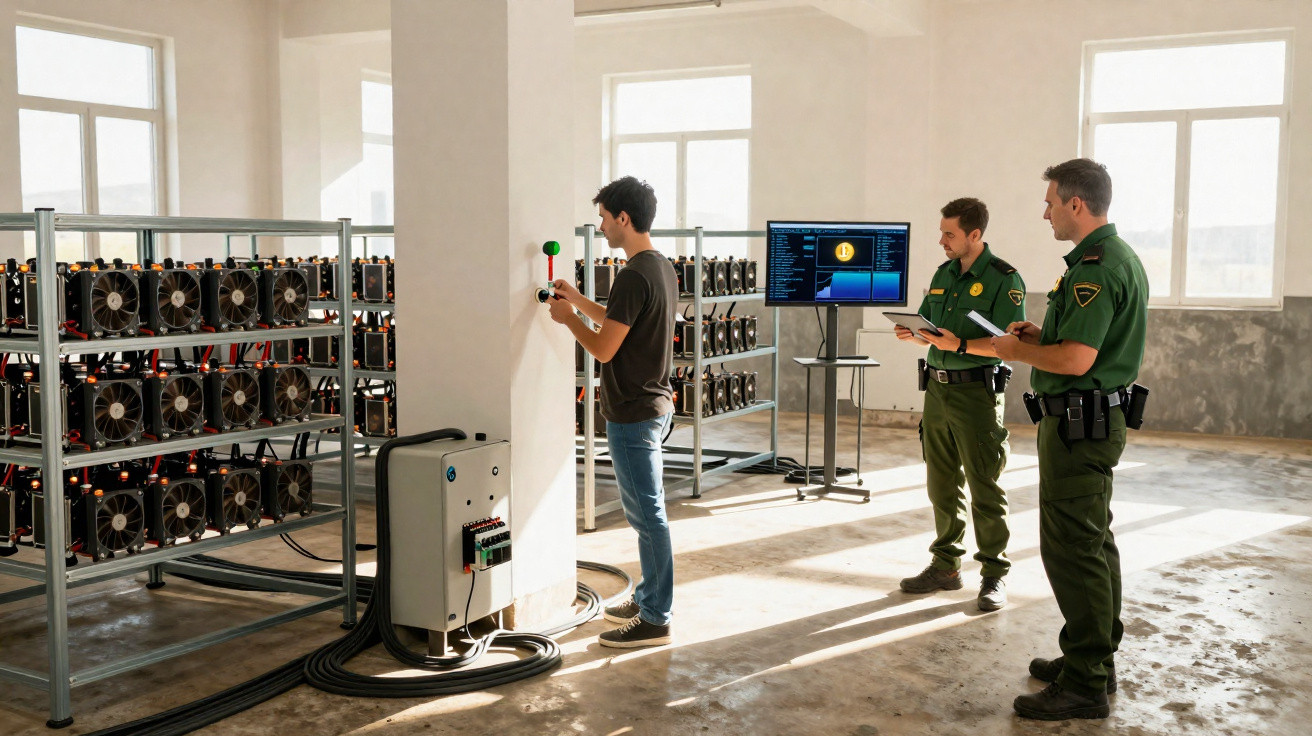 Homem a operar equipamento de mineração de criptomoedas vigiado por dois agentes de segurança com farda verde.