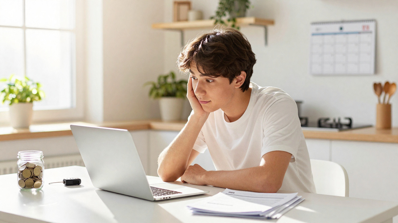 Jovem sentado à mesa a trabalhar num computador portátil numa cozinha luminosa com plantas e jarra de moedas.
