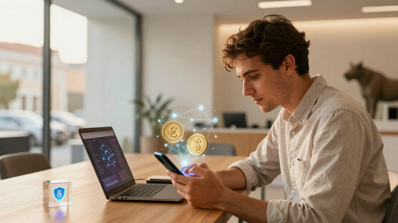 Homem a usar telemóvel com símbolos digitais de moedas e computador portátil numa mesa numa sala moderna.