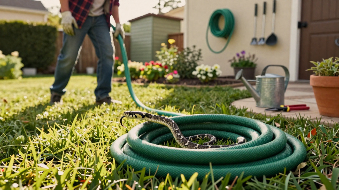 Cobra enrolada num mangueira de jardim verde, com uma pessoa e ferramentas ao fundo.