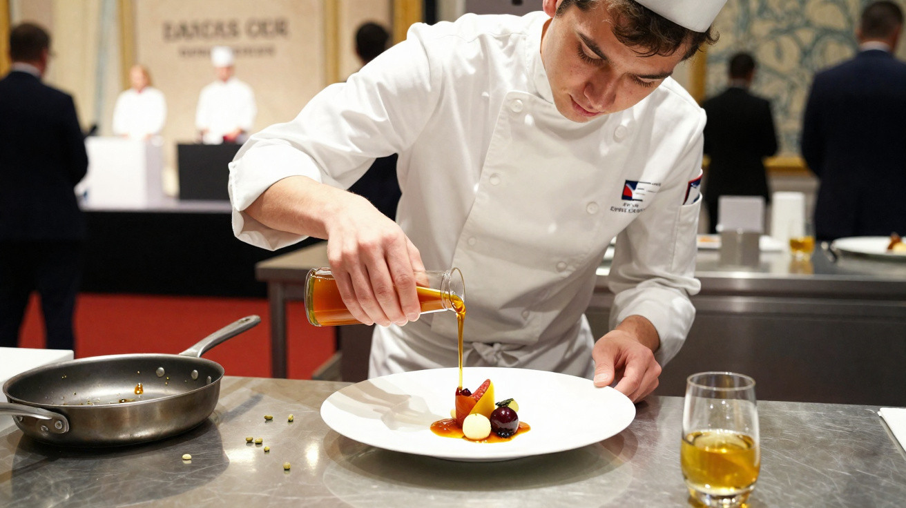 Chef em roupa branca a finalizar prato gourmet com molho numa cozinha profissional.