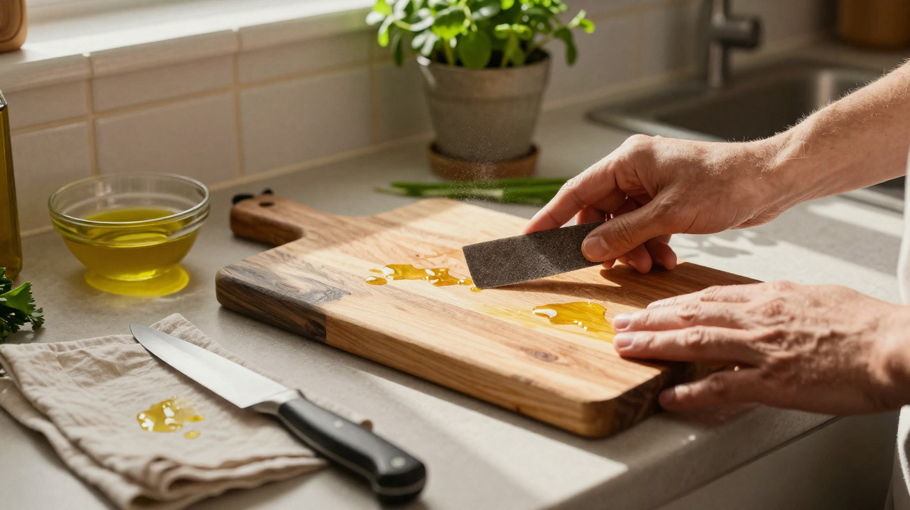 Pessoa a limpar tábua de madeira com jogo de esponja após derramar azeite na cozinha iluminada pela janela.