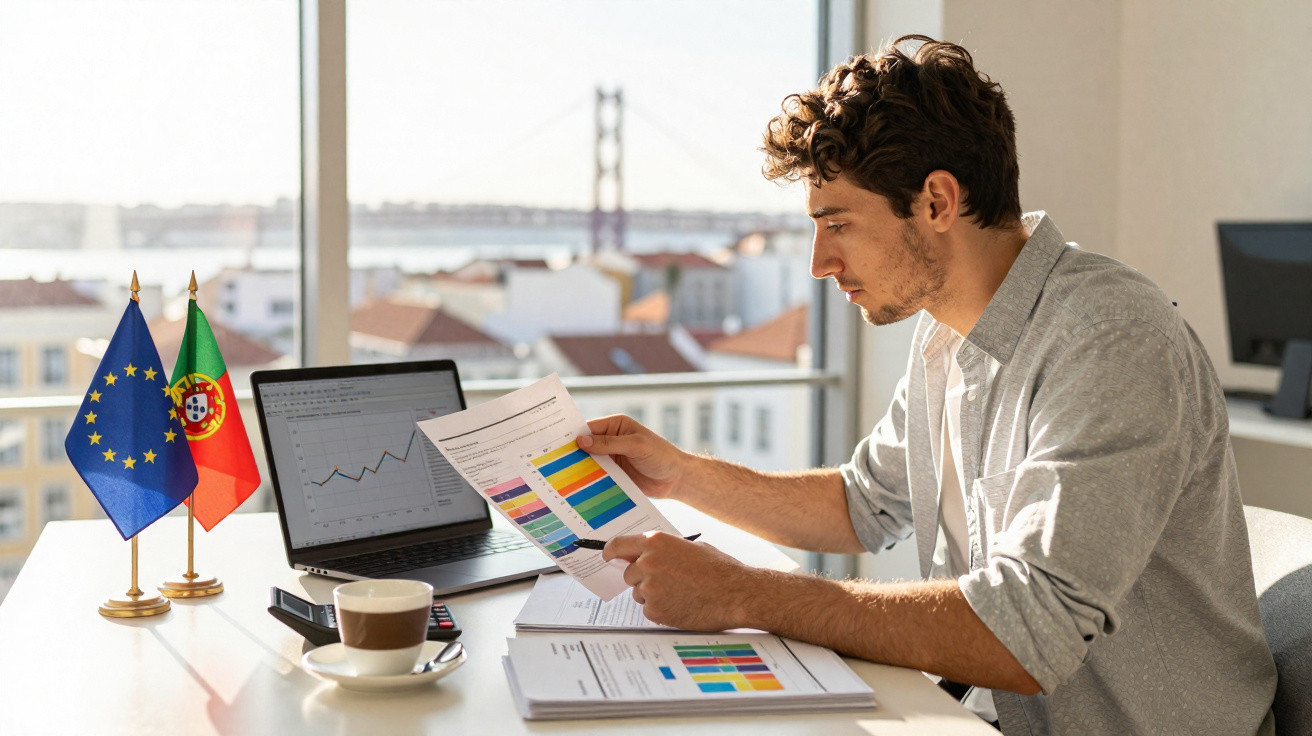Homem a analisar gráficos financeiros num escritório com bandeiras da União Europeia e Portugal ao fundo.