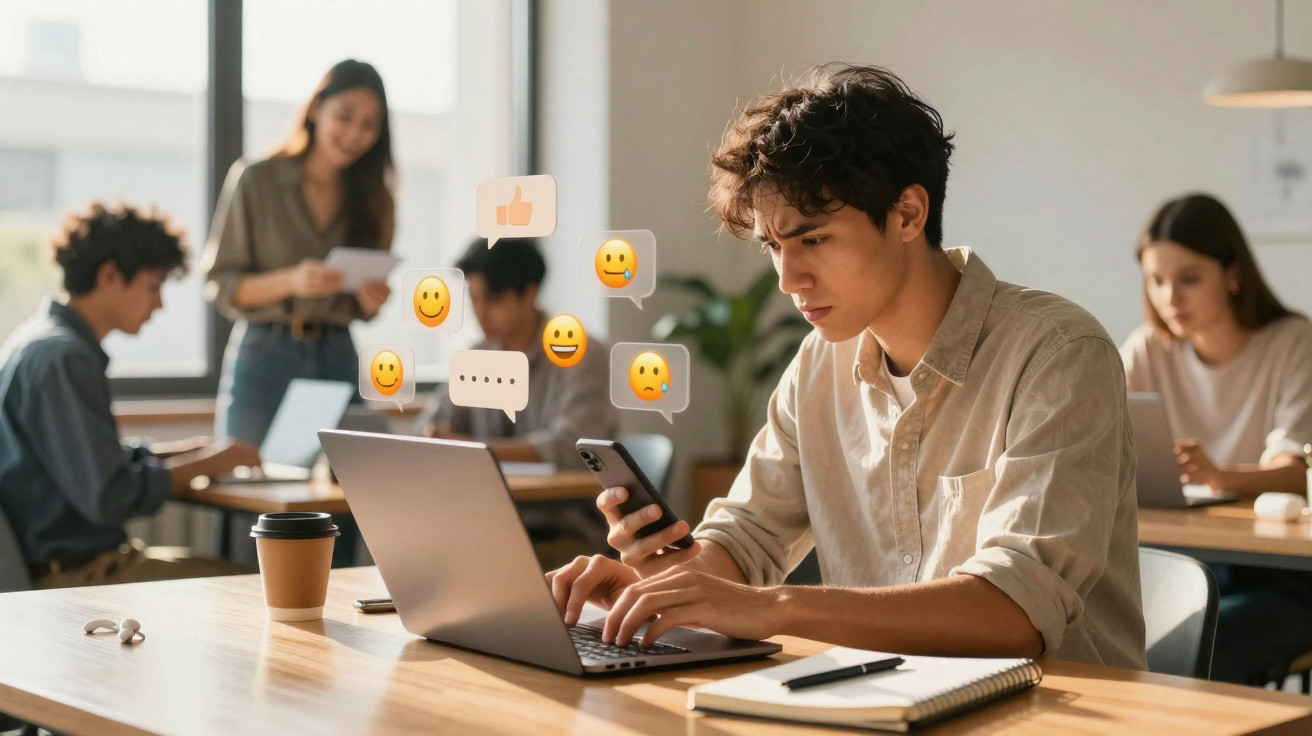Jovem preocupado usa telemóvel e computador, rodeado por emojis de reações numa sala de trabalho com outras pessoas.