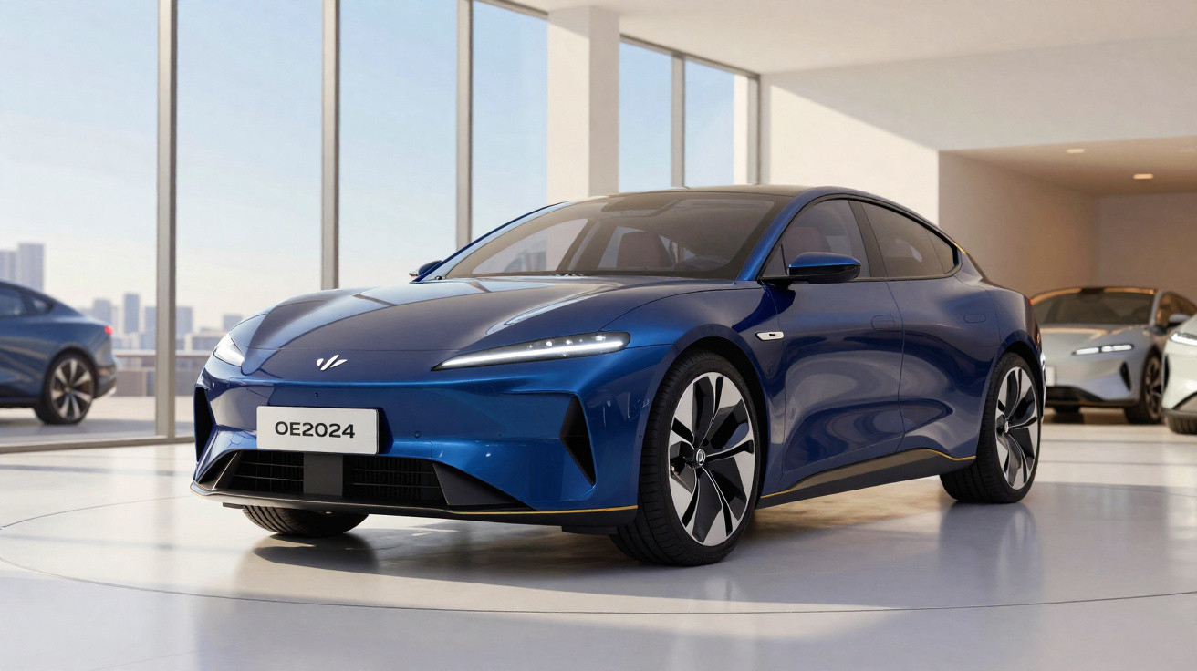 Carro elétrico desportivo azul com design aerodinâmico e faróis LED, em exposição numa sala moderna.