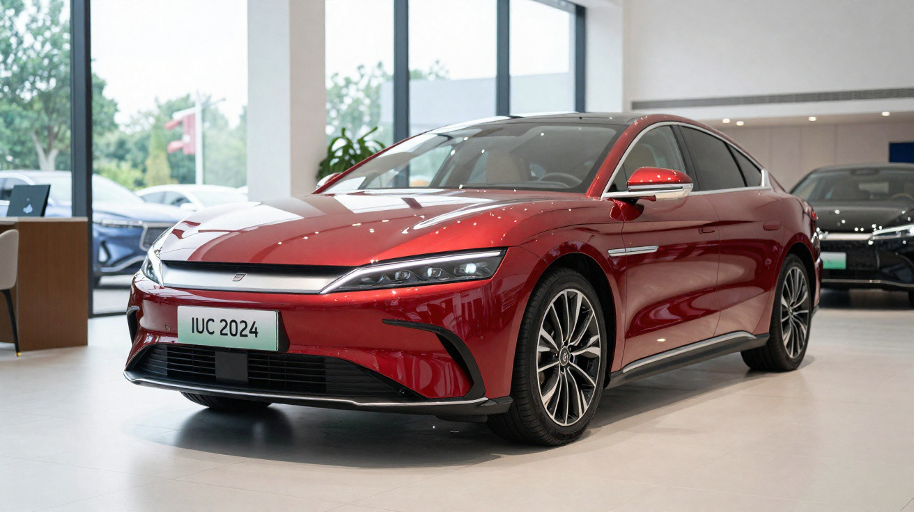Carro elétrico vermelho moderno estacionado numa sala de exposição com janelas amplas.