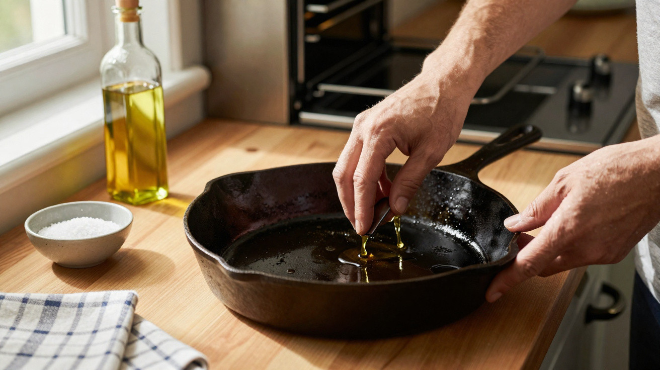 Mãos a temperar uma frigideira de ferro com azeite numa bancada de madeira com sal e um pano xadrez.