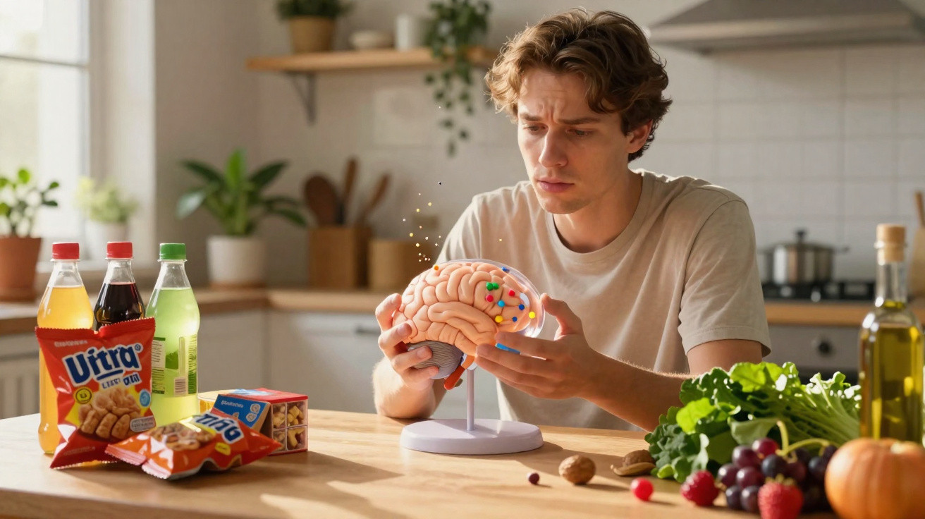 Homem sentado à mesa com alimentos saudáveis e snacks, segurando modelo anatómico do cérebro.