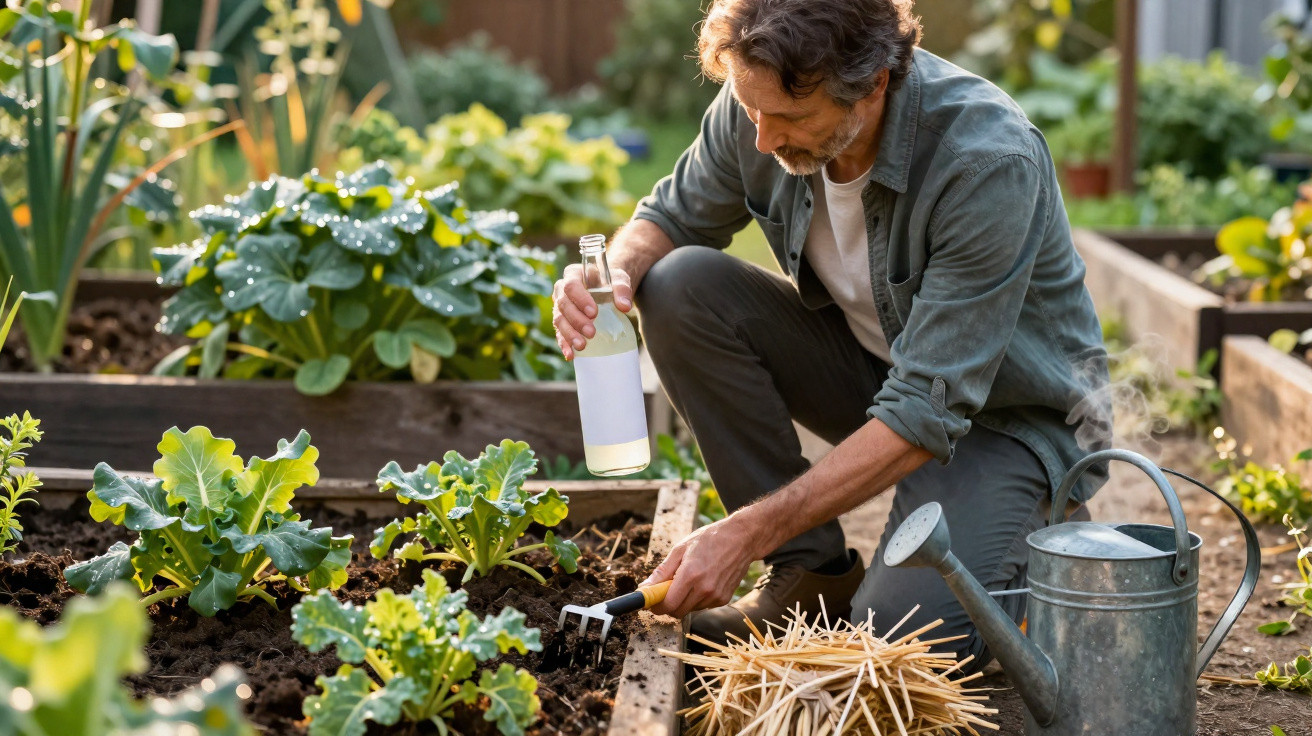 Homem a cultivar plantas numa horta, segurando uma garrafa e usando um pequeno ancinho, ao ar livre.