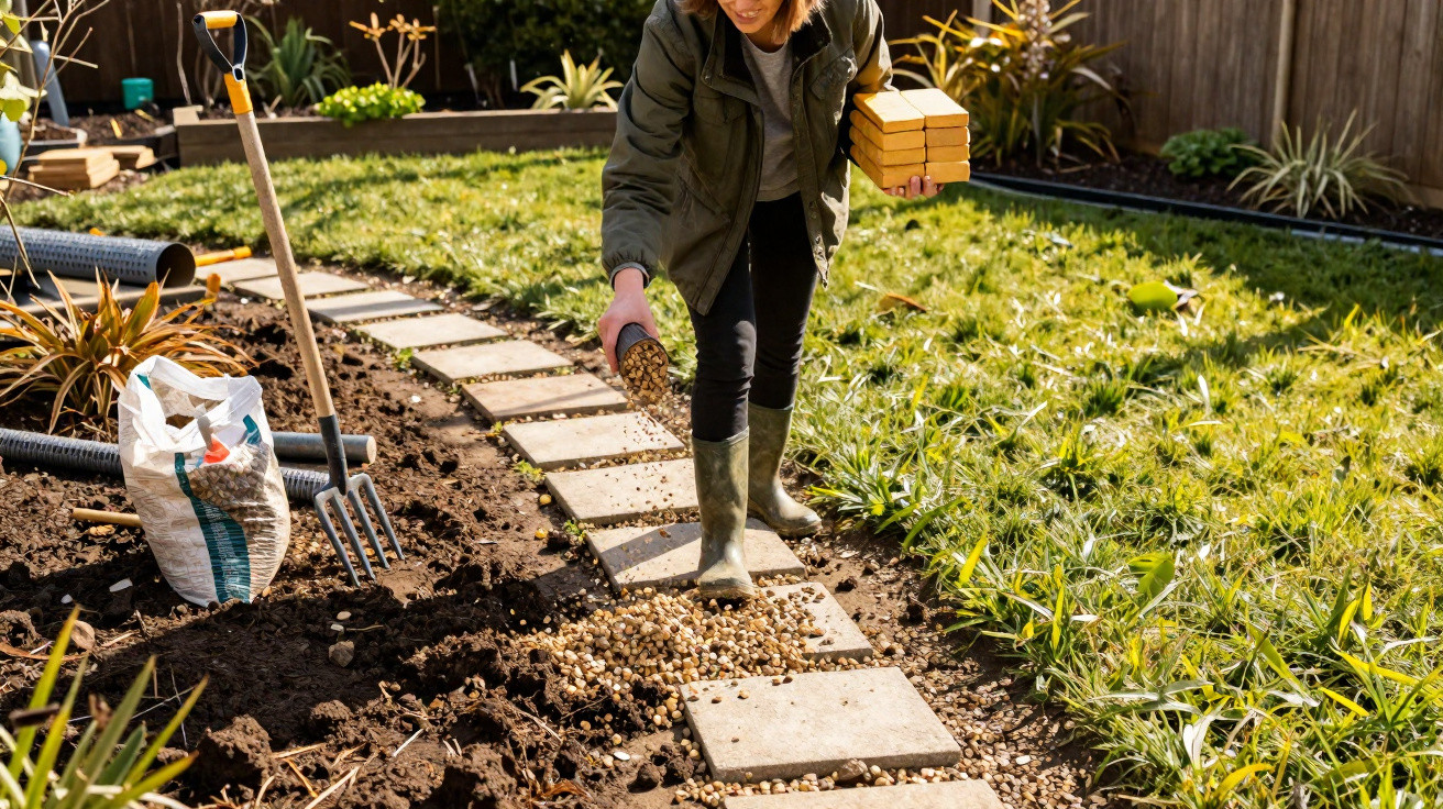 Pessoa a espalhar sementes num jardim com terra arada, pedras e ferramentas de jardinagem ao redor.