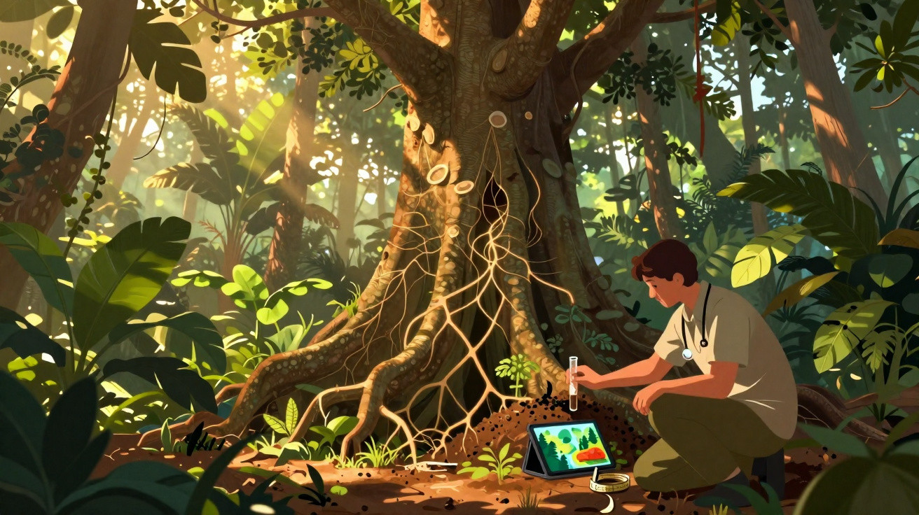 Homem a estudar raízes de árvore antiga numa floresta, com dispositivos digitais e instrumentos científicos.