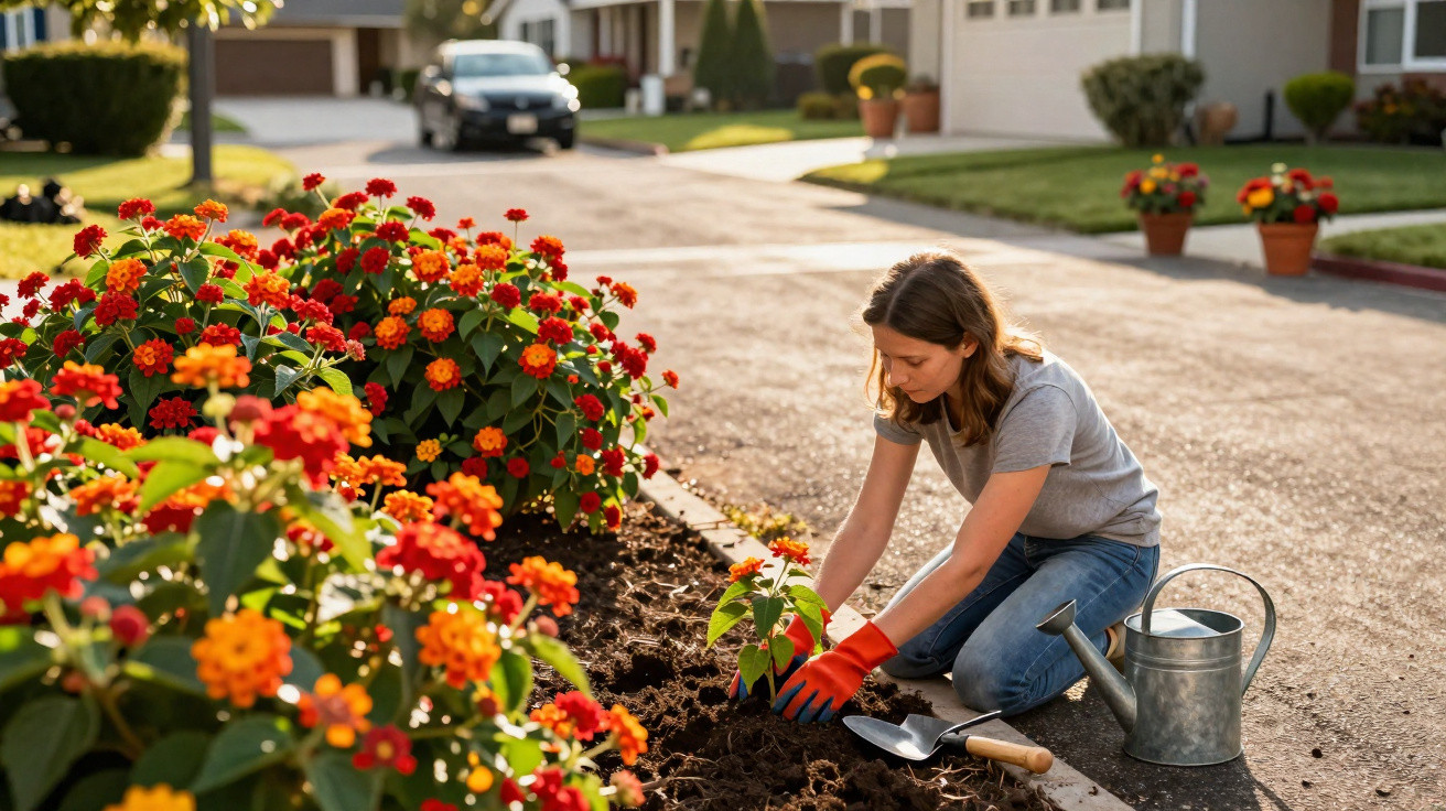 Mulher a plantar flores num jardim junto a uma calçada, com regador e enxada ao lado.