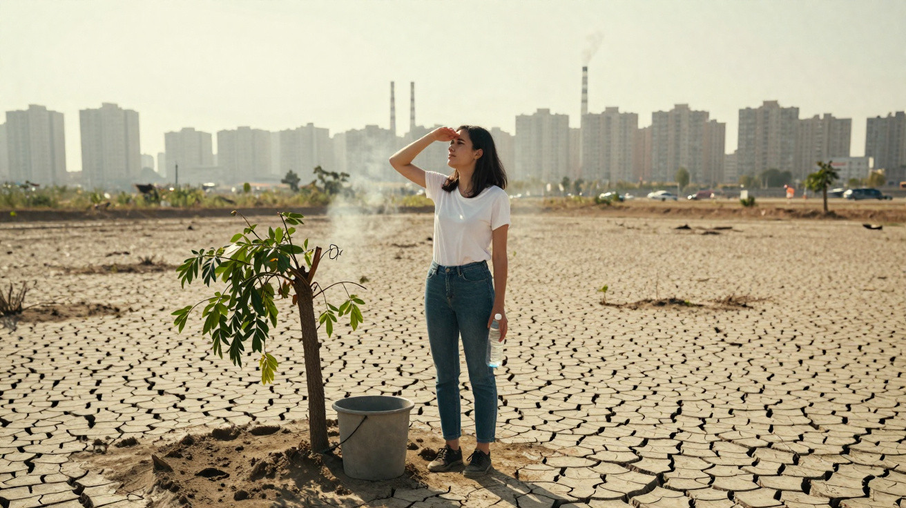 Mulher de pé em terreno seco e rachado, olhando para o horizonte, com edifícios ao fundo.