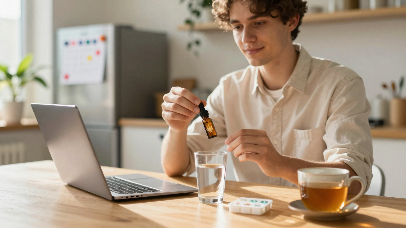Jovem a colocar gotas num copo de água numa cozinha com computador portátil e chávena ao lado.