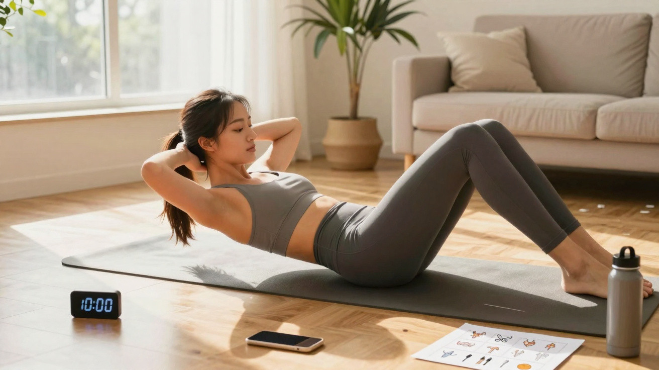 Mulher a fazer abdominais num tapete de yoga em casa, ao lado de garrafa, relógio e folha de exercícios.