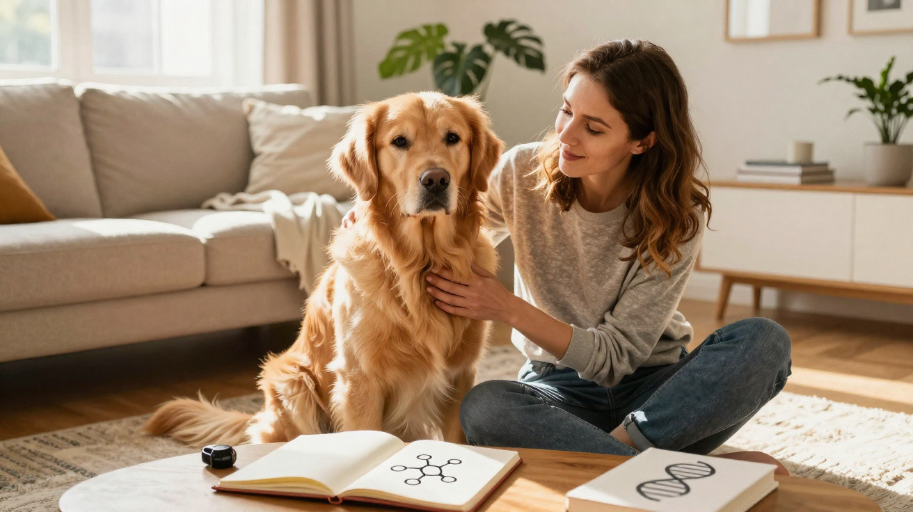 Mulher sentada no chão acariciando um cão golden retriever numa sala com sofá e mesa de madeira.