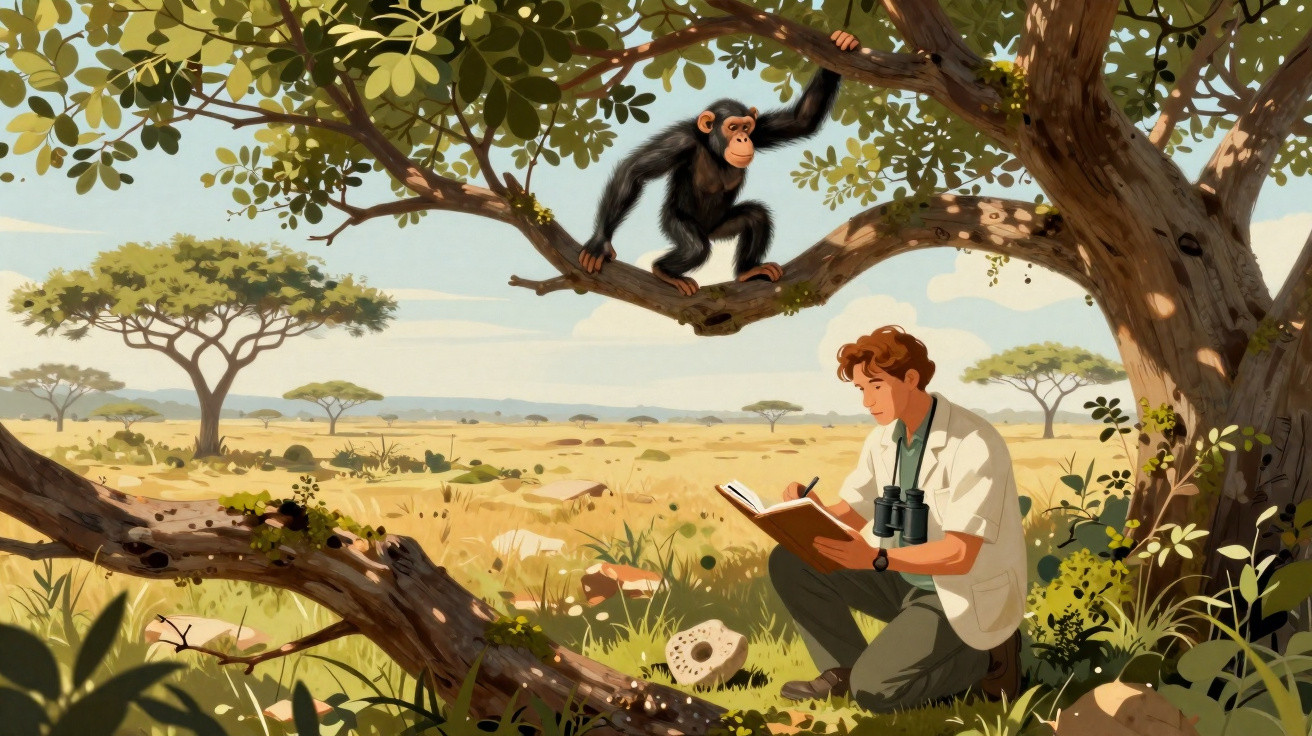 Homem com binóculos escreve em caderno sob árvore, enquanto chimpanzé está num ramo e savana ao fundo.