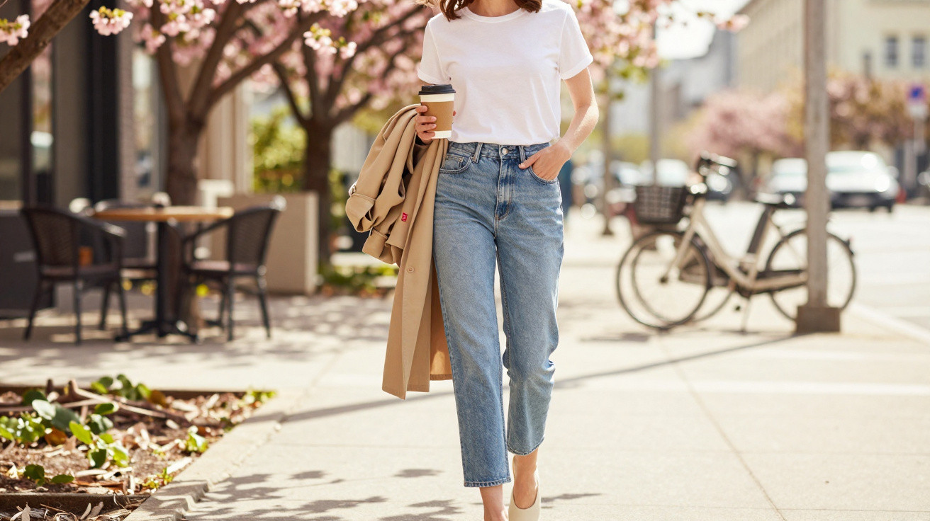 Mulher a caminhar numa rua florida, com camisola branca, jeans, casaco ao ombro e café na mão.
