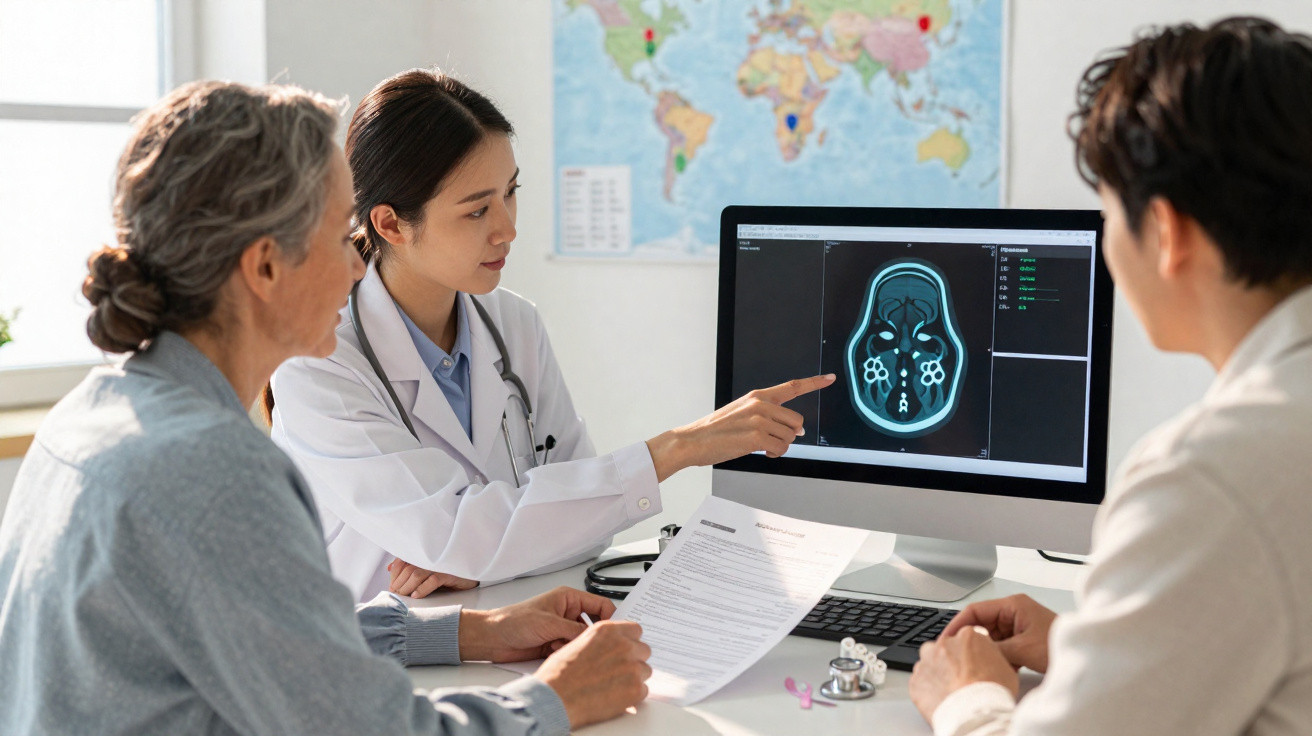 Médica explica a dois pacientes resultado de exame de ressonância magnética num consultório.