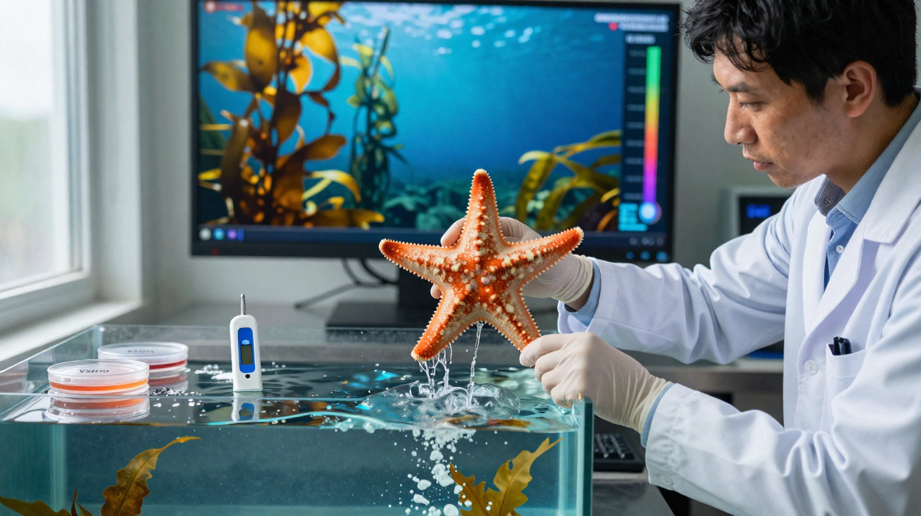 Cientista em laboratório a segurar uma estrela-do-mar sobre um tanque de água com telas de monitorização ao fundo.