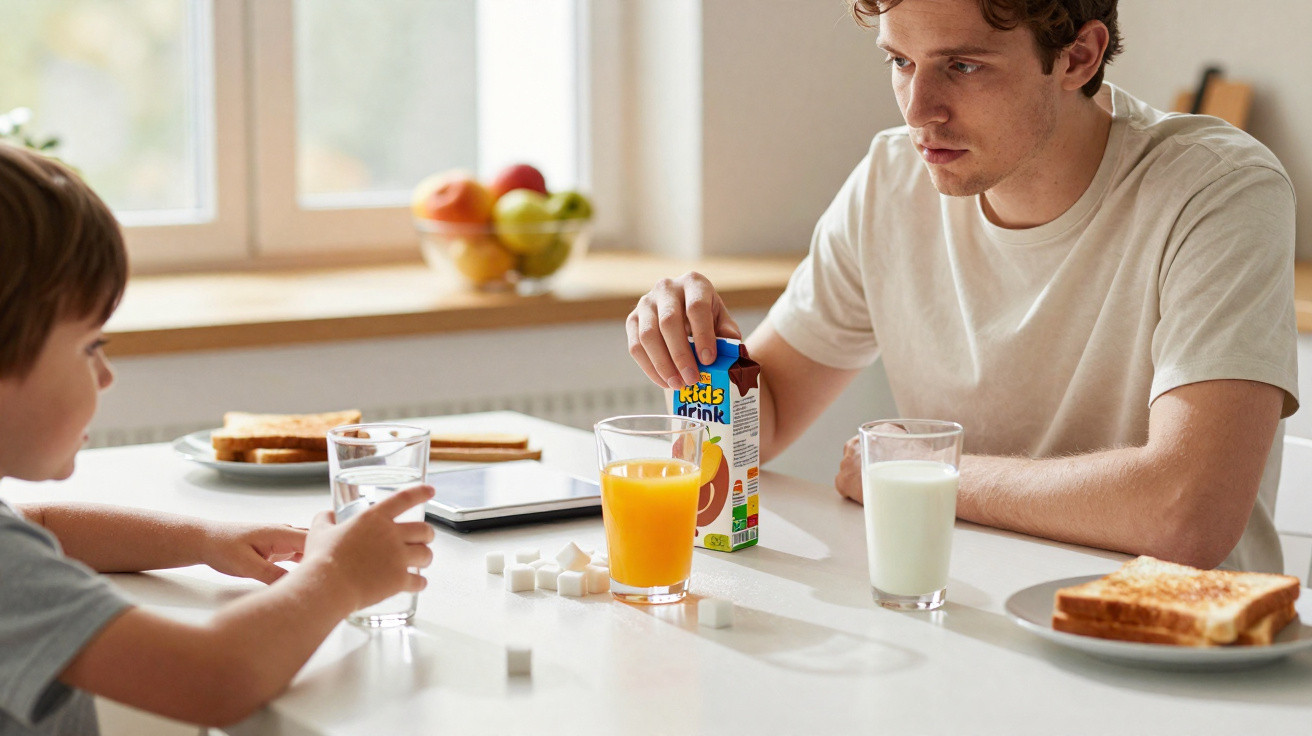 Homem e criança sentados à mesa com sumo, leite, cubos de açúcar e frutas à sua frente.