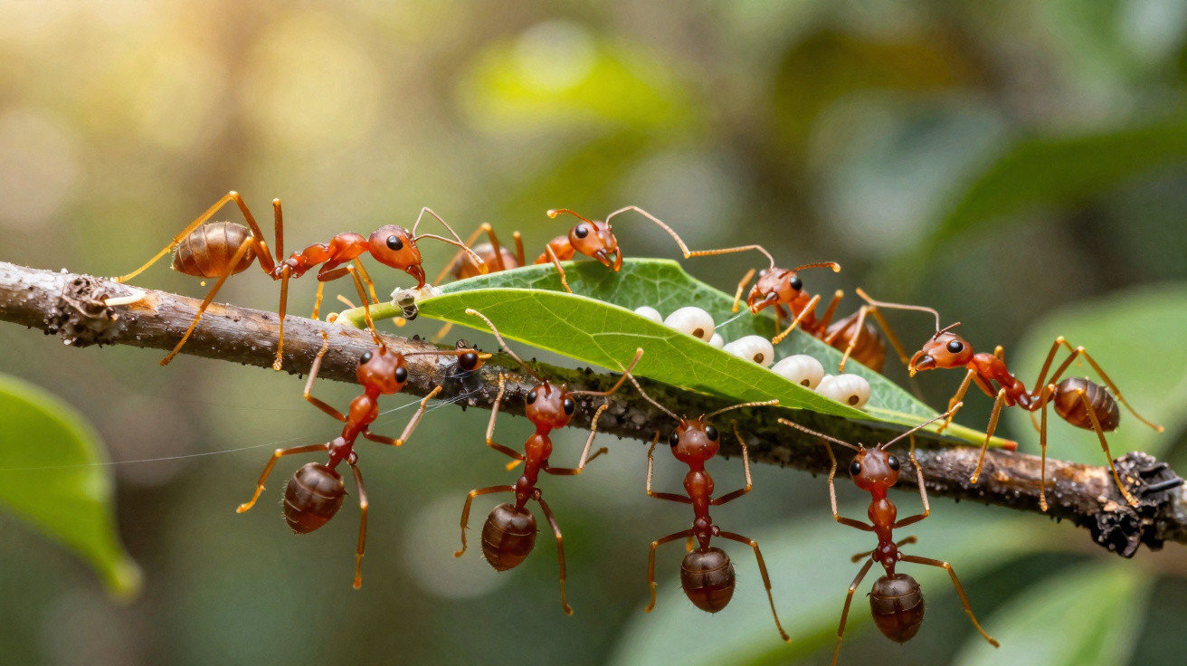 Formigas vermelhas a transportar folhas num ramo, com ovos e larvas visíveis em fundo desfocado.
