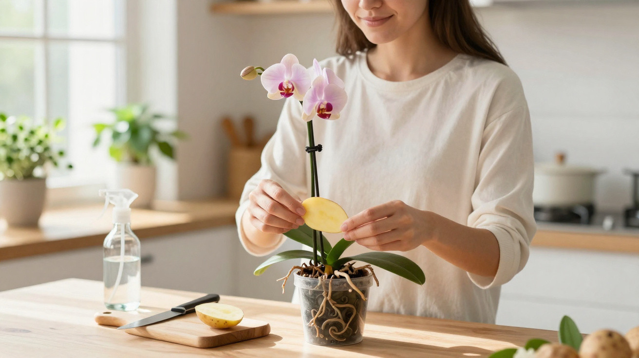 Mulher a cuidar de orquídea numa cozinha, usando fatias de batata para tratar as raízes da planta.
