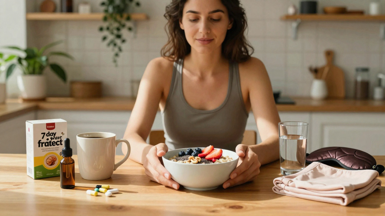 Mulher segurando tigela de papas de aveia com frutas, em mesa com remédios, chá, água e máscara de dormir.