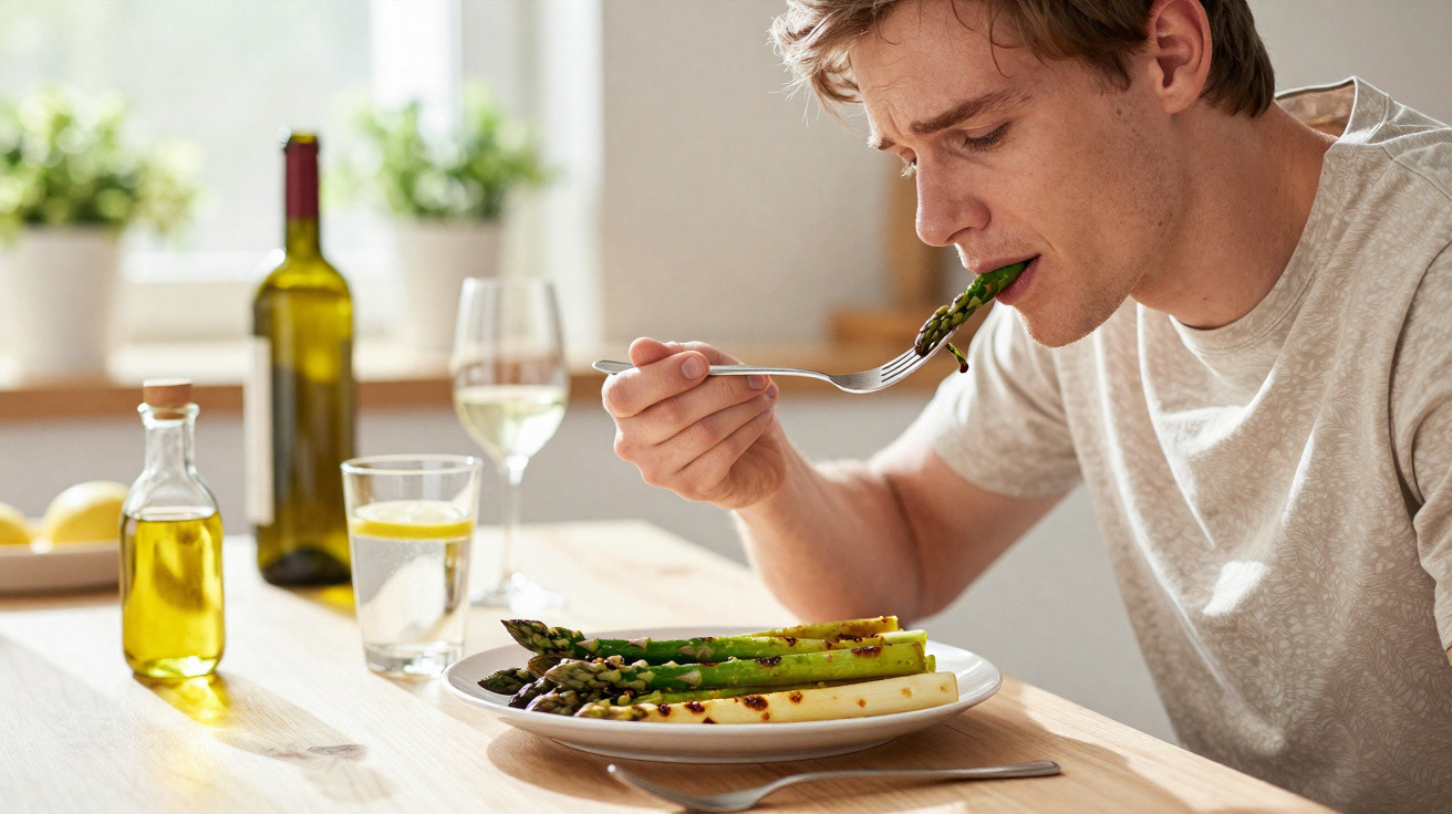 Homem sentado a comer espargos grelhados numa cozinha luminosa, com garrafa de vinho e copo de água com limão.