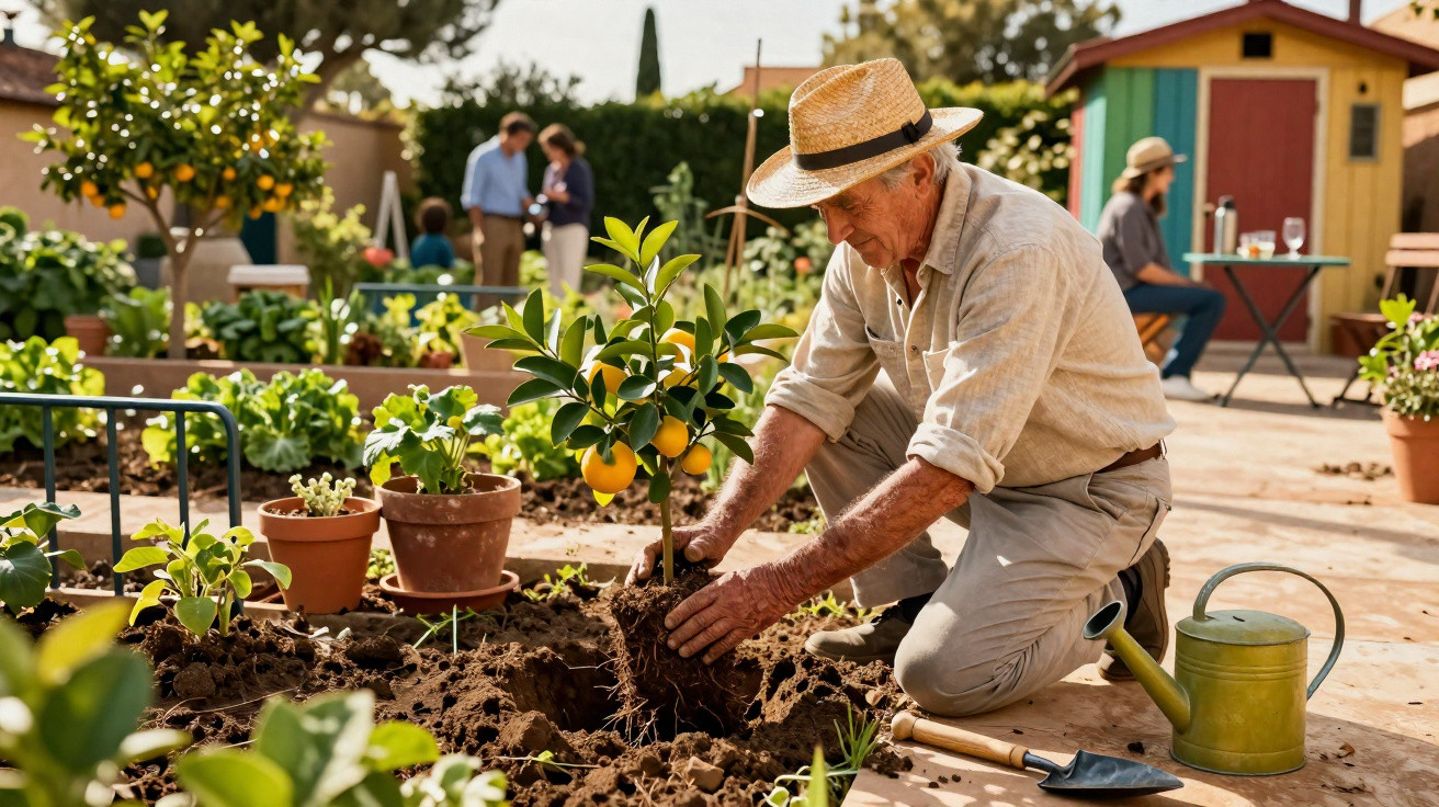 Idoso a plantar uma pequena árvore de citrinos num jardim comunitário, com pessoas ao fundo.