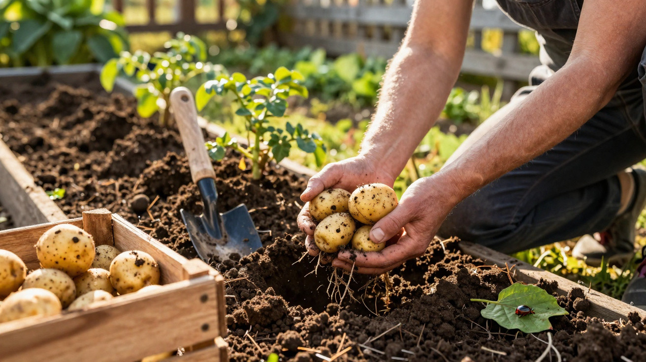 Pessoa a colher batatas no solo de um jardim agrícola, com enxada e caixa de madeira ao lado.