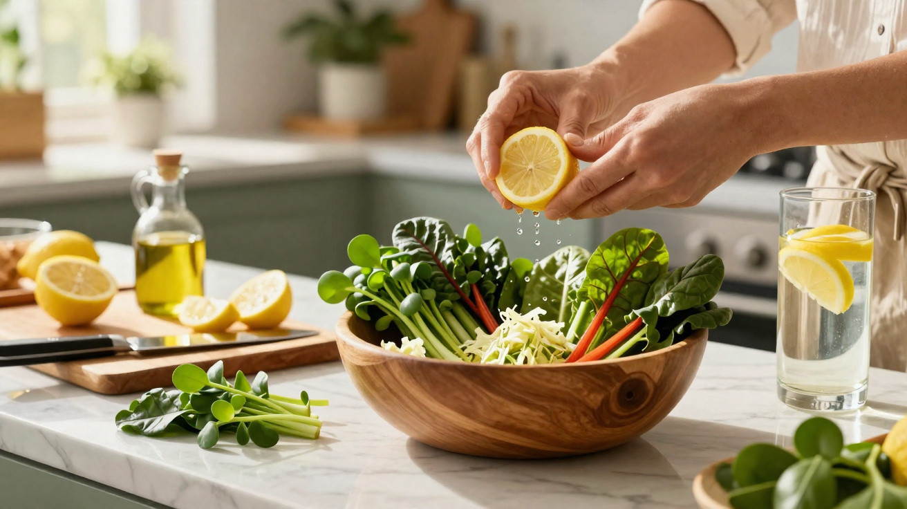 Mãos a espremer limão numa taça com salada fresca enquanto numa mesa há azeite e água com limão.