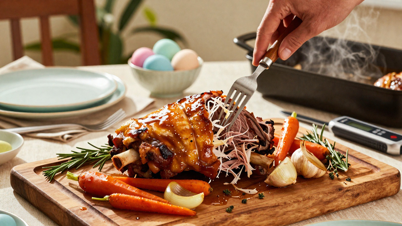 Carne assada suculenta com legumes e ervas numa tábua de madeira, com mão a partir a carne com garfo.