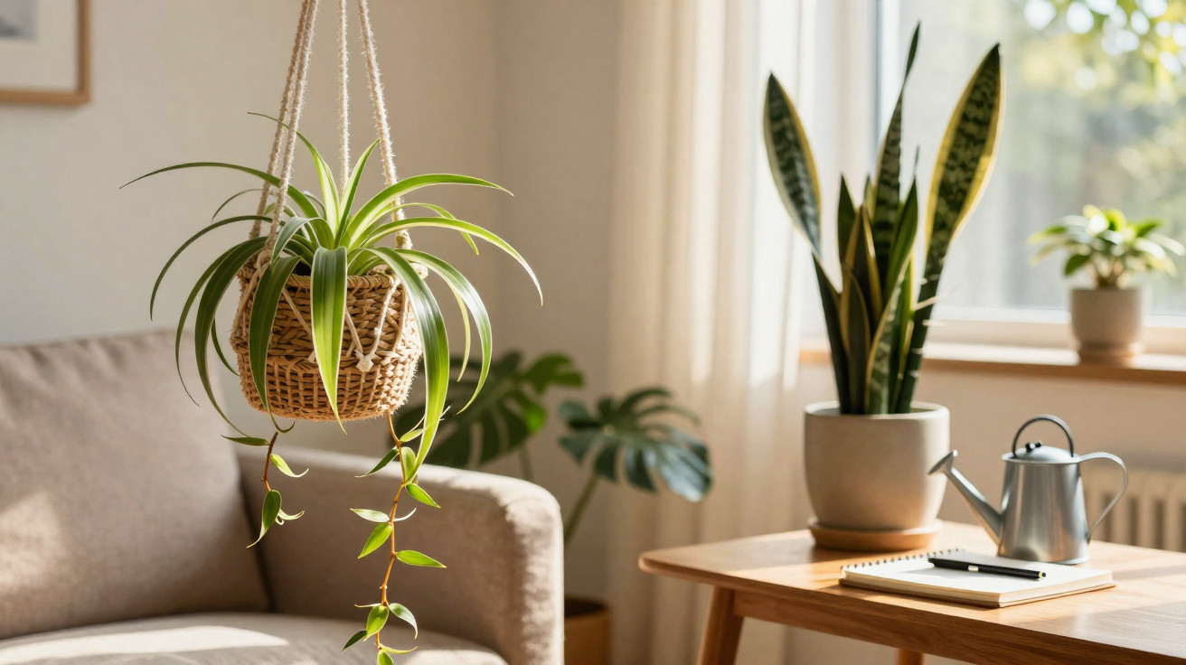 Planta pendurada em vaso de vime ao lado de sofá, com plantas, regador e caderno numa mesa de madeira iluminada pelo sol.