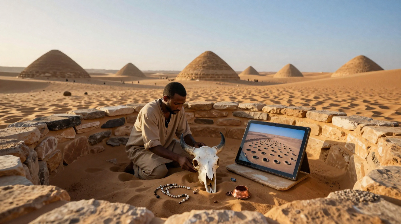 Homem ajoelhado em ruínas no deserto com crânio de animal e tablet a mostrar a mesma paisagem.