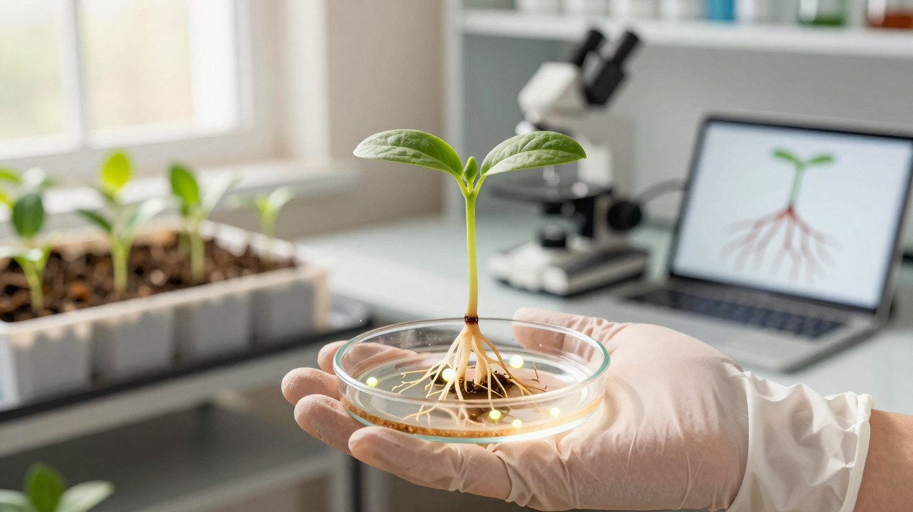 Mão com luva a segurar placa de Petri com planta e raízes em laboratório de botânica.