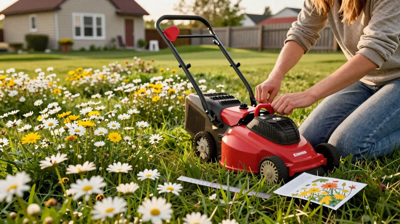Pessoa a preparar cortador de relva vermelho num jardim com flores e relva alta ao entardecer.