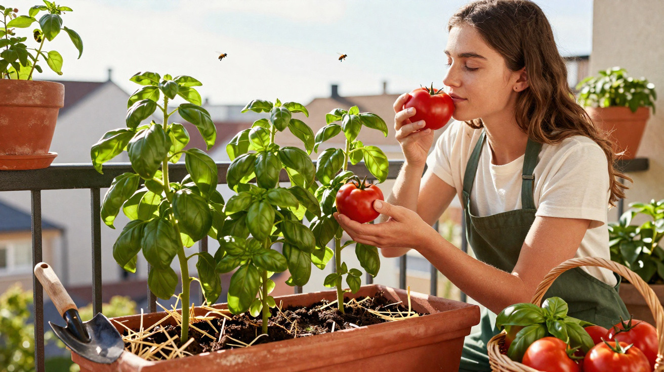 Mulher cheira tomate fresco numa varanda com planta de manjericão e abelhas a voar.