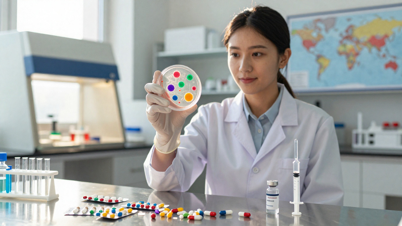 Cientista com máscara a analisar cultura de bactérias numa placa de petri num laboratório.