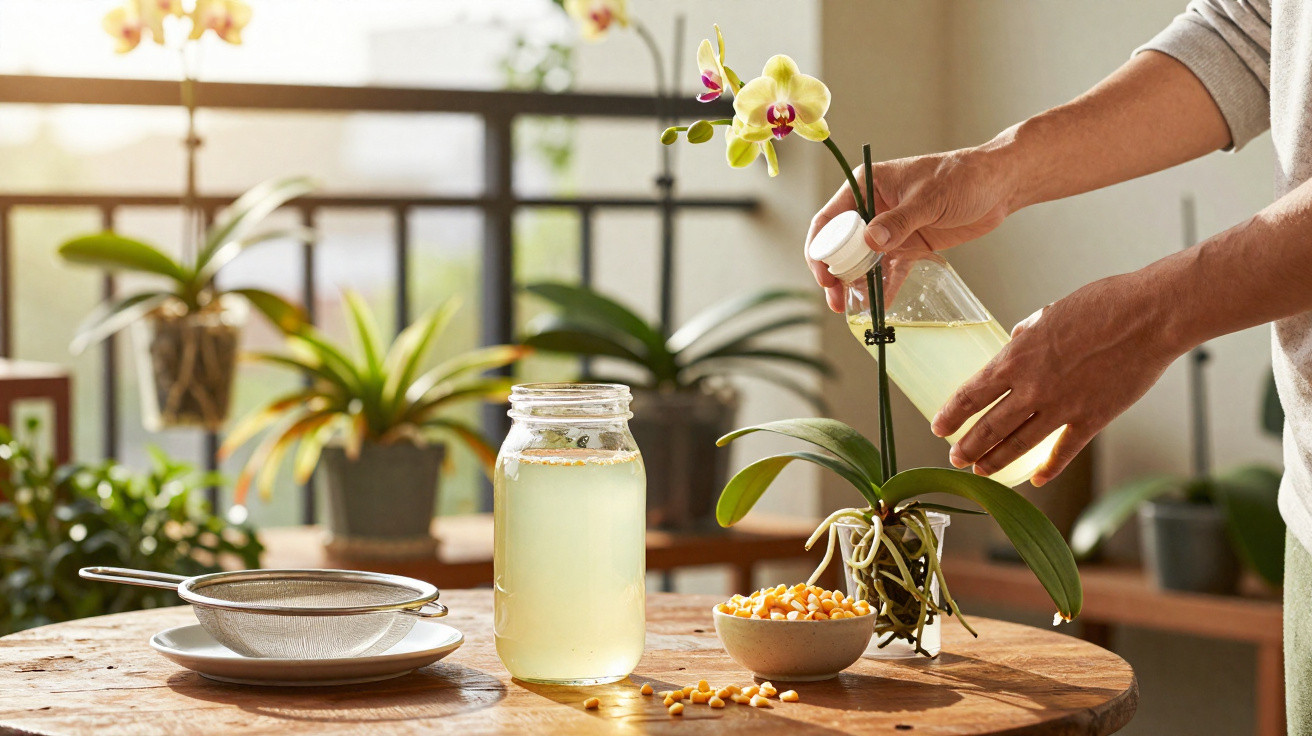 Pessoa a borrifar solução em orquídea num ambiente com várias plantas e grãos de milho numa mesa de madeira.